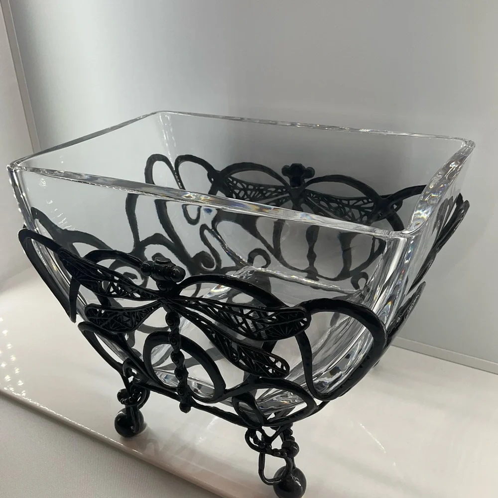CASTILIAN Poland Crystal Bowl & Dragonfly Hefty Centerpiece 2 Pieces RARE!